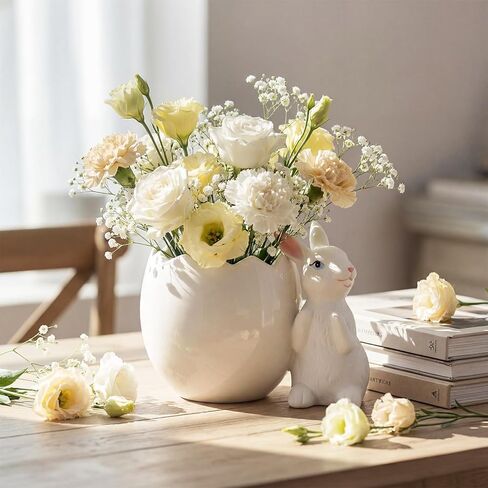 Easter Bunny Eggshell Vase for Flowers 4.3 Inch Easter Spring Tabletop Centerpiece Rabbit Figurine Statue Eggshell Ceramic Vase Rustic Craft for Home Dining Table Living Room Decoration in Saudi Arabia