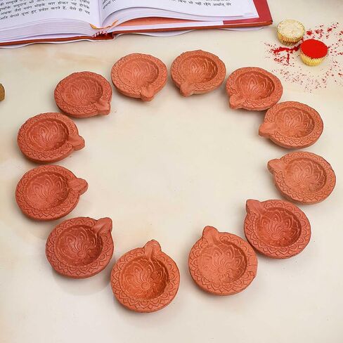 SATVIK 12 Pc Set Clay Diya Diwali Dia with Cotton Wicks for Puja Pooja Traditional Handmade Terracotta Earthen Vilakku Oil Lamp Diyas Natural Mitti Welcome Deepawali Decoration Indian Gift Items in Saudi Arabia