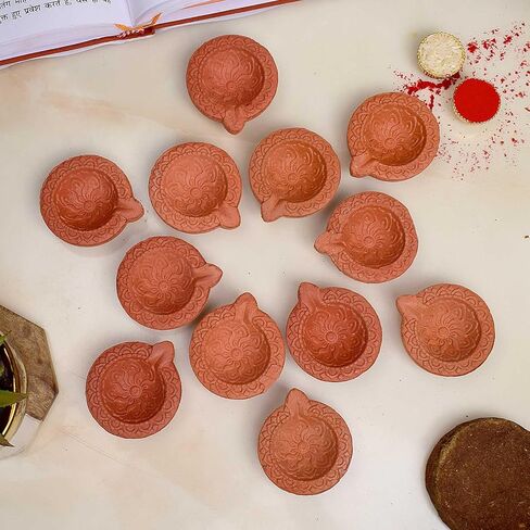 SATVIK 12 Pc Set Clay Diya Diwali Dia with Cotton Wicks for Puja Pooja Traditional Handmade Terracotta Earthen Vilakku Oil Lamp Diyas Natural Mitti Welcome Deepawali Decoration Indian Gift Items in Saudi Arabia