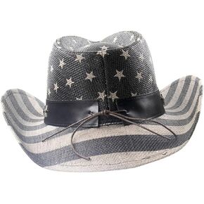 American Flag Cowboy Hat Straw Western Hat Unisex for Men and Women Patriotic Outdoor Party Accessory Black in Kuwait