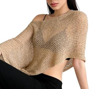 Women Sheer Poncho Top，Brown Knitted Shawl with Glitter Gold Thread，Crochet Sheer Off the shoulder Top，Fancy Asymmetrical Hem Cover Up Shrug in Saudi Arabia
