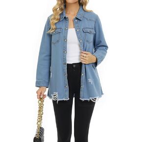 SCOFEEL المرأة قميص دينيم سترة طويلة الأكمام زر شاك معطف المتعثرة غسلها ممزق المتوترة هيم جان سترة in Kuwait