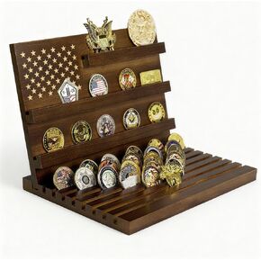 Challenge Coin Display,Challenge Coin Holder,11 Rows Coin Display with American Flag,Solid Wood Military Coin Holder Holds 80-90 Coinds,Desktop Coin Holders for Collectors(Walnut) in Kuwait