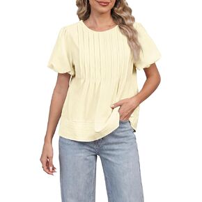 Funlingo Womens Puff Sleeve Babydoll Tops Summer Crew Neck Pleated Blouses Casual Loose Fit Flowy Swing Shirts in Kuwait