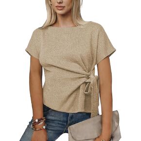 بلوزة نسائية متماسكة بأكمام قصيرة وعقدة ربطة عنق بلوزة ملفوفة برقبة دائرية ملابس علوية غير رسمية مناسبة لموعد المكتب والربيع والصيف in Kuwait