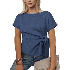Womens Short Sleeve Knit Top Tie Knot Tunic Wrap Blouse Round Neck Casual Dressy Tops for Office Date Spring Summer in Saudi Arabia