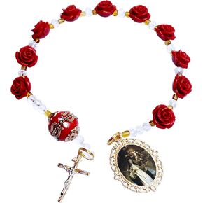 Saint Rose of Lima Santa Rosa de Lima Holy Chaplet of the Roses Pocket Rosary Large Rose Beads Gold Plated Crucifix and Findings Cabochon Setting Pendant with Lucite Dome Color Image Includes a Prayer Card in Saudi Arabia