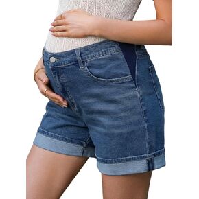 BLENCOT Women's Maternity Jean Shorts Fold Hem Stretchy Comfy Under Belly Casual Summer Pregnancy Clothes with Pockets in Kuwait
