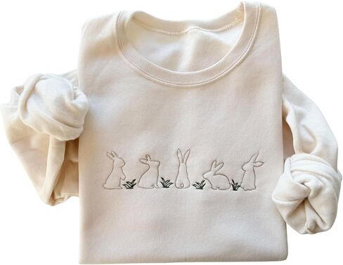 Embroidered Easter Sweatshirt - Bunny Sweater - Easter Sunday Outfit - Spring Sweatshirt - Women's Easter Crewneck Cream in Saudi Arabia