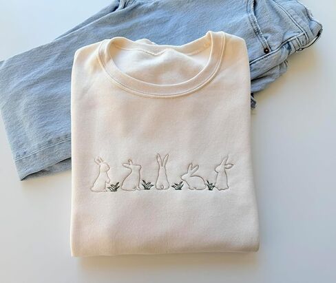 Embroidered Easter Sweatshirt - Bunny Sweater - Easter Sunday Outfit - Spring Sweatshirt - Women's Easter Crewneck Cream in Saudi Arabia