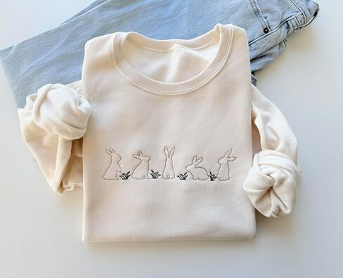 Embroidered Easter Sweatshirt - Bunny Sweater - Easter Sunday Outfit - Spring Sweatshirt - Women's Easter Crewneck Cream in Saudi Arabia