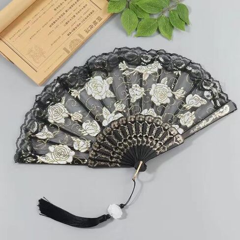 1PCS Rose Lace Folding Fan Flower Lace Embroidered Hand Fan for Dancing Ball Parties Ladies Wedding Decoration in Saudi Arabia