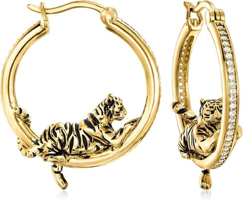 Ross-Simons 0.60 ct. t.w. White Topaz and Black Enamel Tiger Hoop Earrings in 18kt Gold Over Sterling in Saudi Arabia