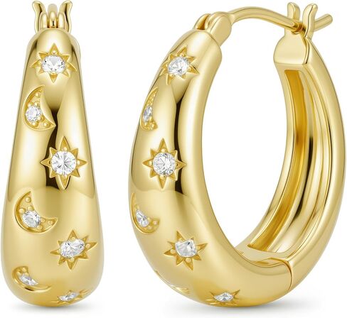 الذهب القمر ستار أقراط 14K الذهب أقراط للنساء 20 مللي متر مكتنزة السماوية Huggie هوب أقراط مجوهرات هدية لصديقة أمي in Kuwait