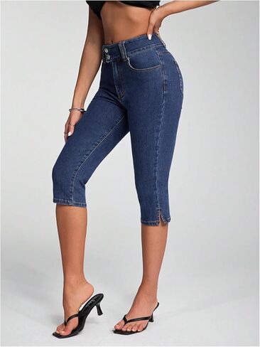 SHENHE Women's Y2K Low Rise Skinny Capris Jeans Vintage Side Split Cropped Denim Pants in Saudi Arabia