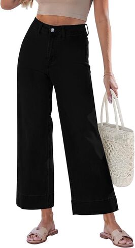 GRAPENT Wide Leg Jeans for Women Cropped Trendy High Waisted Welt Pocket Stretchy Denim Pants Distressed Trouser Jeans in Saudi Arabia