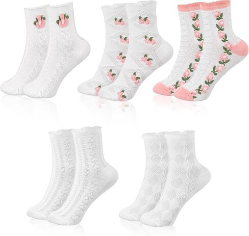 5 Pair Cute Ruffle Socks, Cottagecore Floral Crew Socks, Lace Cute Breathable Mid Tube Sock, Core Clothes Aesthetic in Saudi Arabia