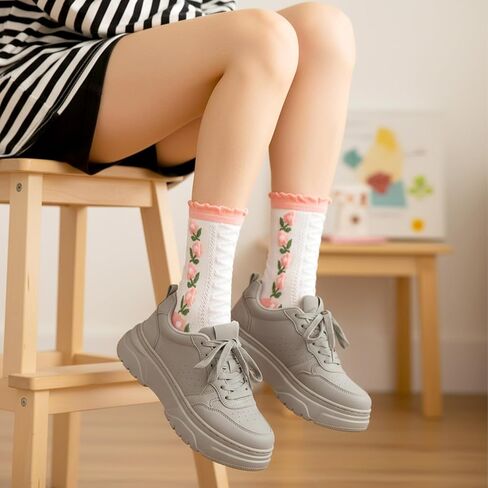 5 Pair Cute Ruffle Socks, Cottagecore Floral Crew Socks, Lace Cute Breathable Mid Tube Sock, Core Clothes Aesthetic in Saudi Arabia