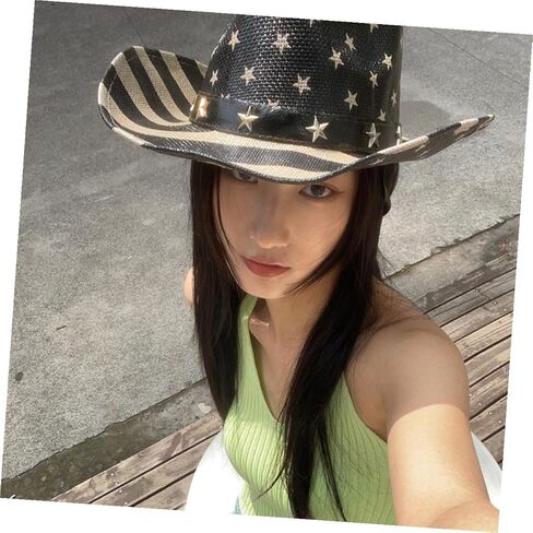 American Flag Cowboy Hat Straw Western Hat Unisex for Men and Women Patriotic Outdoor Party Accessory Black in Kuwait