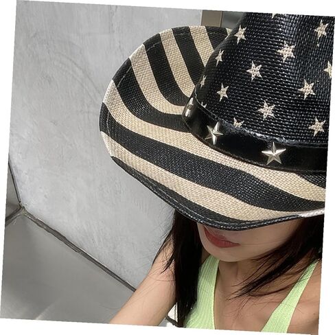 American Flag Cowboy Hat Straw Western Hat Unisex for Men and Women Patriotic Outdoor Party Accessory Black in Kuwait