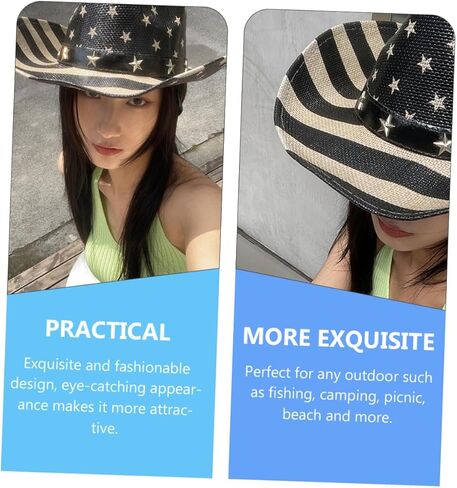American Flag Cowboy Hat Straw Western Hat Unisex for Men and Women Patriotic Outdoor Party Accessory Black in Kuwait