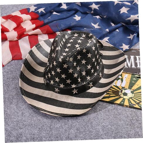 American Flag Cowboy Hat Straw Western Hat Unisex for Men and Women Patriotic Outdoor Party Accessory Black in Kuwait