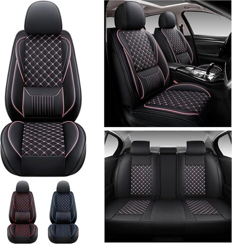 Leather Car Seat Covers,Full Coverage Seat Covers Full Set with Fix Lumber Support,Universal Automotive Seat Covers for Cars,SUVs,Trucks and Sedans (Black&Pink, Full Set) in Saudi Arabia