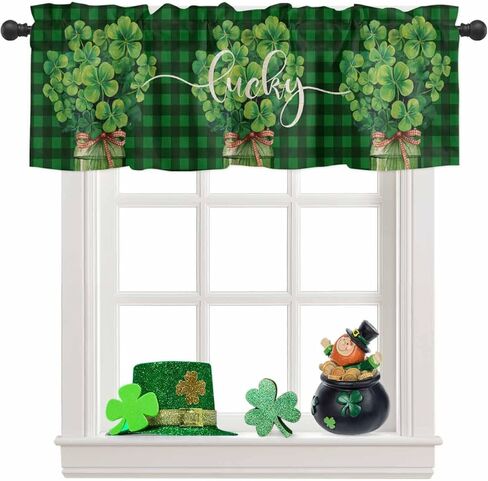 ستائر عيد القديس باتريك للنوافذ، جرة محظوظة، ربطة عنق، ستارة مطبخ، ستائر جاموس منقوشة، ستائر قصيرة للمطبخ، غرفة المعيشة، الحمام، ديكور حفلات الربيع، 54 × 18 بوصة in Kuwait