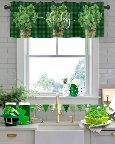 ستائر عيد القديس باتريك للنوافذ، جرة محظوظة، ربطة عنق، ستارة مطبخ، ستائر جاموس منقوشة، ستائر قصيرة للمطبخ، غرفة المعيشة، الحمام، ديكور حفلات الربيع، 54 × 18 بوصة in Kuwait