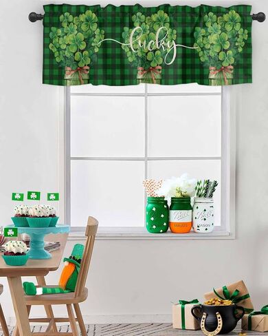 ستائر عيد القديس باتريك للنوافذ، جرة محظوظة، ربطة عنق، ستارة مطبخ، ستائر جاموس منقوشة، ستائر قصيرة للمطبخ، غرفة المعيشة، الحمام، ديكور حفلات الربيع، 54 × 18 بوصة in Kuwait