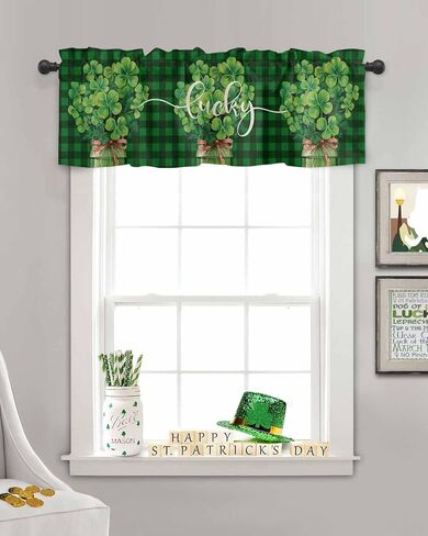 ستائر عيد القديس باتريك للنوافذ، جرة محظوظة، ربطة عنق، ستارة مطبخ، ستائر جاموس منقوشة، ستائر قصيرة للمطبخ، غرفة المعيشة، الحمام، ديكور حفلات الربيع، 54 × 18 بوصة in Kuwait