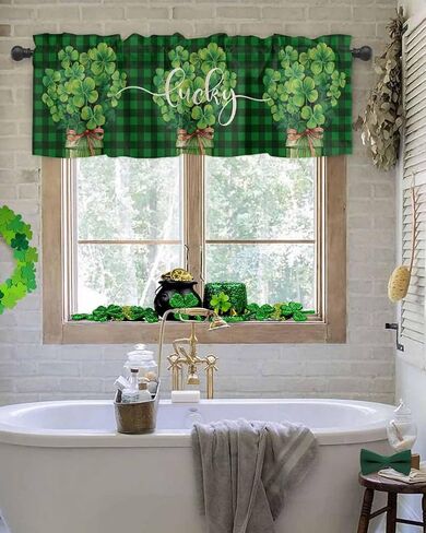 ستائر عيد القديس باتريك للنوافذ، جرة محظوظة، ربطة عنق، ستارة مطبخ، ستائر جاموس منقوشة، ستائر قصيرة للمطبخ، غرفة المعيشة، الحمام، ديكور حفلات الربيع، 54 × 18 بوصة in Kuwait