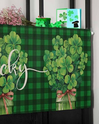 ستائر عيد القديس باتريك للنوافذ، جرة محظوظة، ربطة عنق، ستارة مطبخ، ستائر جاموس منقوشة، ستائر قصيرة للمطبخ، غرفة المعيشة، الحمام، ديكور حفلات الربيع، 54 × 18 بوصة in Kuwait