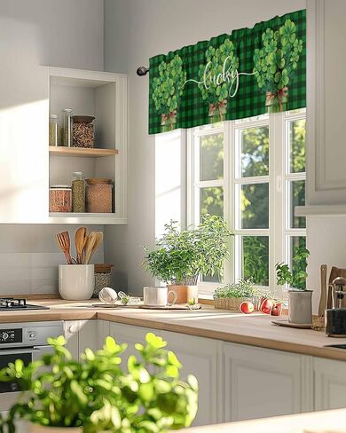 ستائر عيد القديس باتريك للنوافذ، جرة محظوظة، ربطة عنق، ستارة مطبخ، ستائر جاموس منقوشة، ستائر قصيرة للمطبخ، غرفة المعيشة، الحمام، ديكور حفلات الربيع، 54 × 18 بوصة in Kuwait