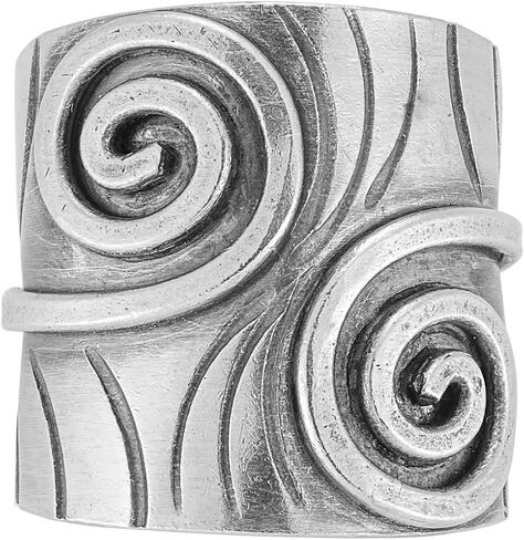 81stgeneration Hill Tribe Silver Spiral Applique Ring With Engraved Leaf Texture - Wide Adjustable Band in 999 Pure Silver - Artisan Tribal Statement Jewelry for Women - Unique Fern Frond Design in Saudi Arabia