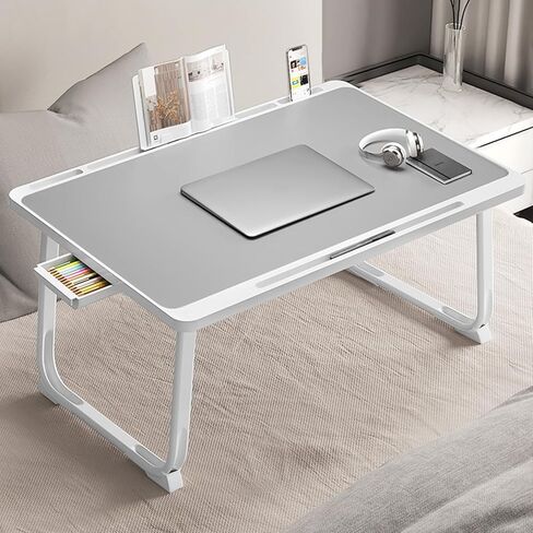 مكتب كمبيوتر محمول للسرير، طاولة سرير للكمبيوتر المحمول، طاولة كمبيوتر لوحي قابلة للطي مع درج تخزين وحامل للكتب، صواني سرير لمكاتب الكمبيوتر المحمول لأرضية الأريكة (فضي) in Kuwait
