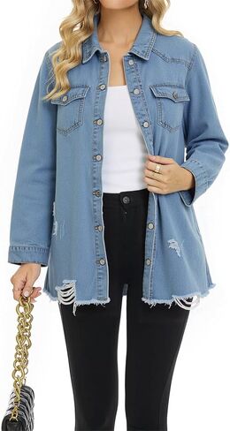 SCOFEEL المرأة قميص دينيم سترة طويلة الأكمام زر شاك معطف المتعثرة غسلها ممزق المتوترة هيم جان سترة in Kuwait