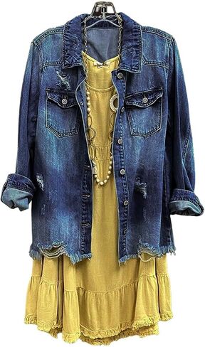 SCOFEEL Women Denim Shirt Jacket Long Sleeve Button Shacket Coat Distressed Washed Ripped Frayed Hem Jean Jacket in Kuwait