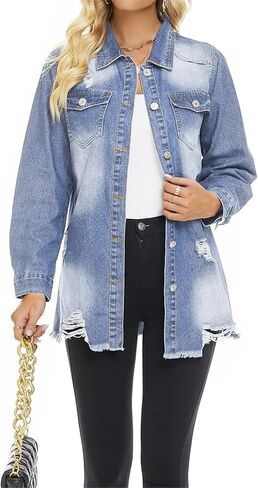 SCOFEEL Women Denim Shirt Jacket Long Sleeve Button Shacket Coat Distressed Washed Ripped Frayed Hem Jean Jacket in Kuwait