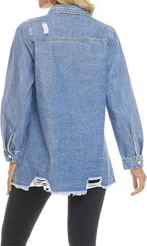 SCOFEEL Women Denim Shirt Jacket Long Sleeve Button Shacket Coat Distressed Washed Ripped Frayed Hem Jean Jacket in Kuwait