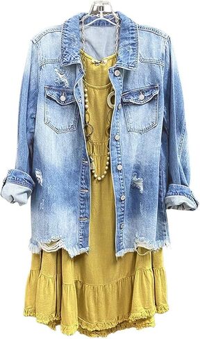 SCOFEEL Women Denim Shirt Jacket Long Sleeve Button Shacket Coat Distressed Washed Ripped Frayed Hem Jean Jacket in Kuwait