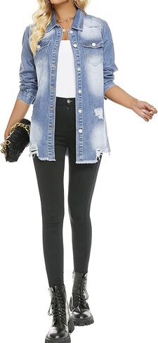 SCOFEEL Women Denim Shirt Jacket Long Sleeve Button Shacket Coat Distressed Washed Ripped Frayed Hem Jean Jacket in Kuwait