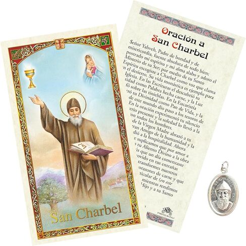 Trendzeen Oracion De San Charbel - ميدالية سان شربل - بطاقة صلاة القديس شربل الإسبانية، قلادة مزدوجة الجوانب - مجموعة تعبدية دينية كاثوليكية مصنوعة في إيطاليا - عنصران in Saudi Arabia