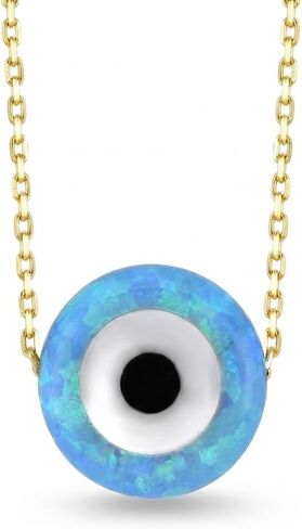 14k Solid Gold Turquoise Evil Eye Necklace | 14k Yellow Gold Opal Nazar Necklaces for Women | Round Pendant Necklace | Delicate October Birthstone Jewelry | Gifts for Christmas, 18" in Saudi Arabia