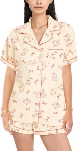 Piacakece Womens Easter Pajamas Set Short-Sleeve Button Shirt Top Matching Shorts 2 Piece Bunny Easter Outfits in Saudi Arabia