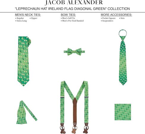 Jacob Alexander Men's Happy Saint Patrick's Day Leprechaun Hat Ireland Flag Diagonal Pre-Tied Zipper Neck Tie - Green in Saudi Arabia