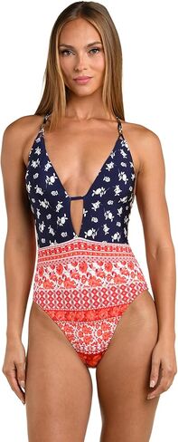 Sunshine 79 Women's Standard Over The Shoulder Keyhole Deep Plunge One Piece Swimsuit, Seaglass//Sunshine Solids, 6 in Kuwait
