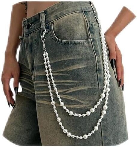 White Pearl Pants Chain Layered Pearl Waist Belt Goth Hip Hop Pants Chain for Men Jean Trouser Keychains Jewelry for Men Women Silver Biker Chain Pocket Chain for Pants in Saudi Arabia