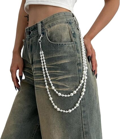 White Pearl Pants Chain Layered Pearl Waist Belt Goth Hip Hop Pants Chain for Men Jean Trouser Keychains Jewelry for Men Women Silver Biker Chain Pocket Chain for Pants in Saudi Arabia