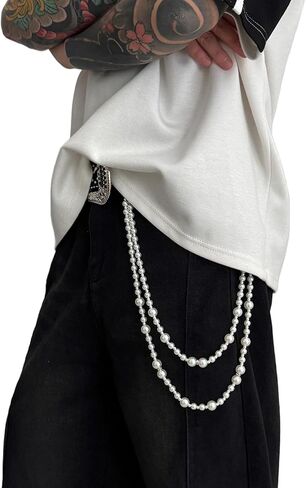 White Pearl Pants Chain Layered Pearl Waist Belt Goth Hip Hop Pants Chain for Men Jean Trouser Keychains Jewelry for Men Women Silver Biker Chain Pocket Chain for Pants in Saudi Arabia